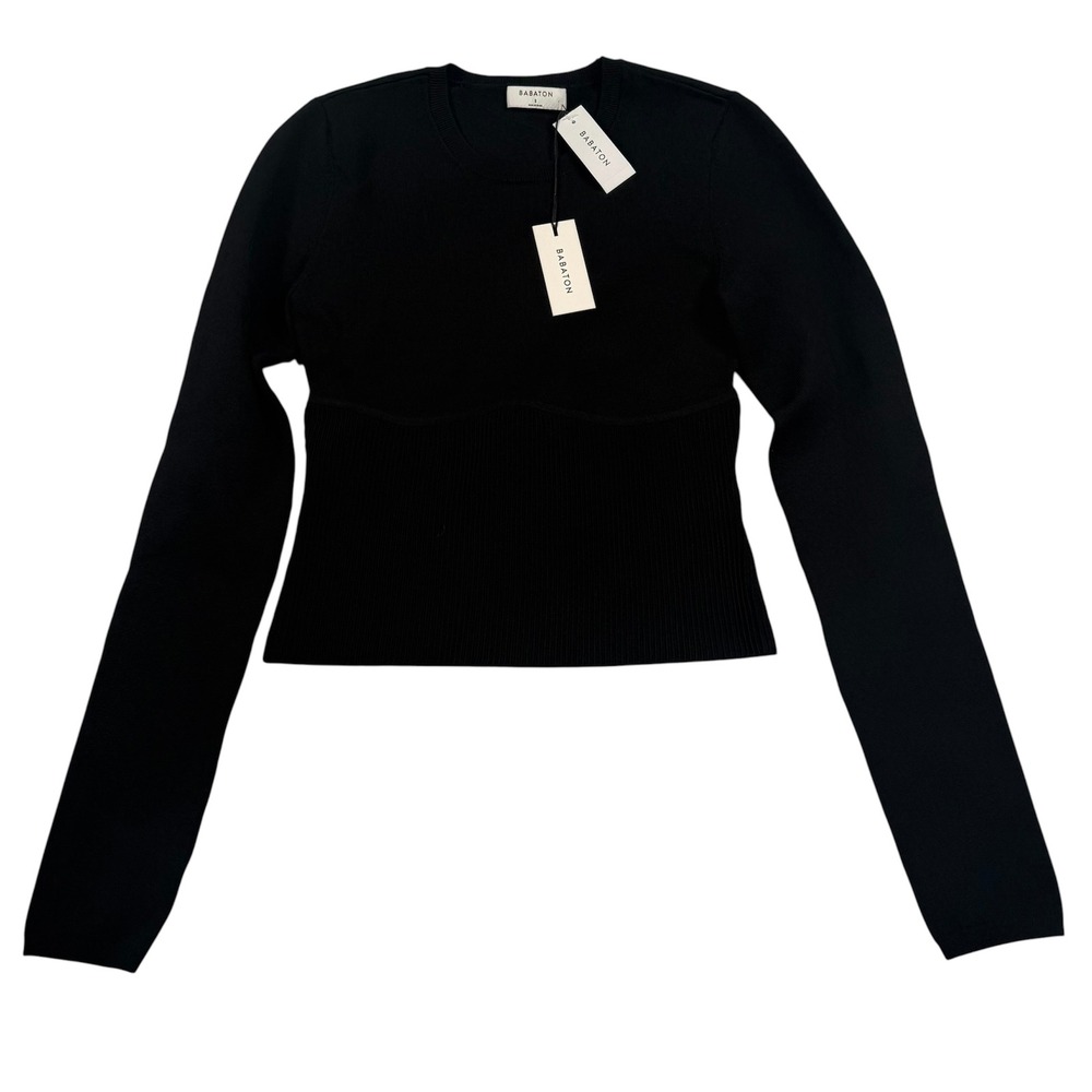 Aritzia Babaton Sculpt Knit Empire Top Womens Small Black Long Sleeve Ribbed New